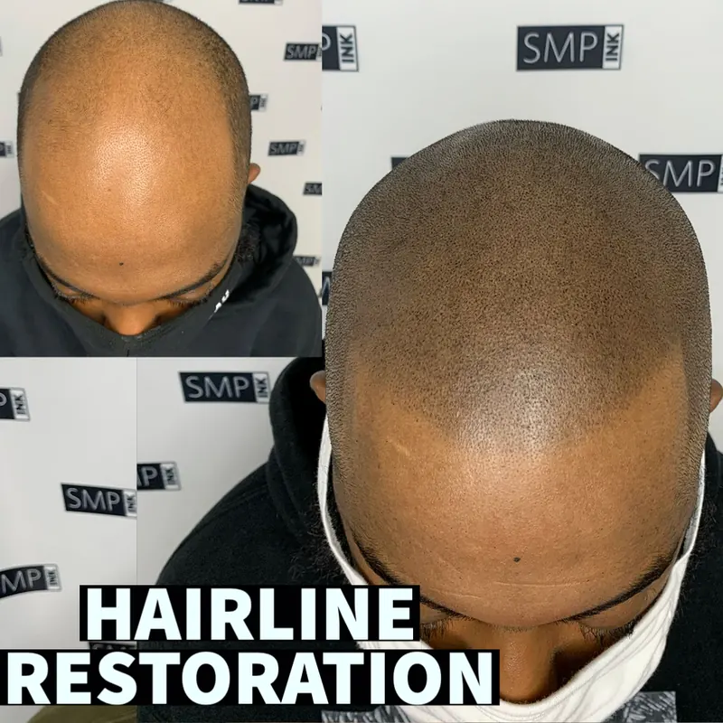 Before and after scalp micropigmentation hairline restoration by SMP INK Seattle