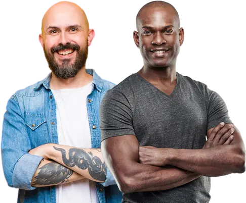 Two smiling men with sharp, shaved-head hairlines